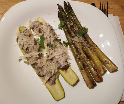 Cognac Chestnut Mushrooms on Floating Zucchini with Asparagus