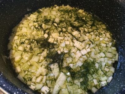 add them in a large sauce pan with water (2-3 litres), salt and fresh or dried chipped dill Cucumber & Zucchini Soup