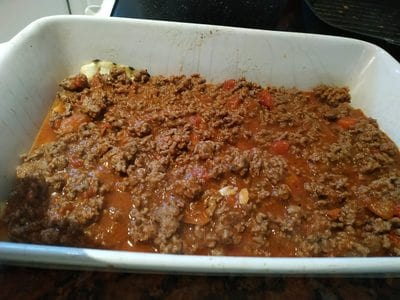 Add Beef mixture on top of eggplants Beef & Eggplant Lasagne