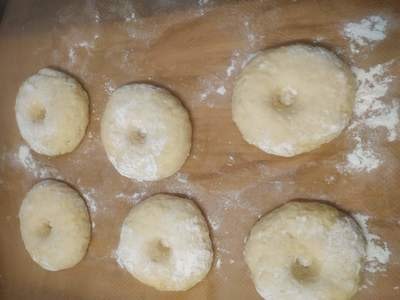 Take each doughnut and shape it into a large ring Cheese Doughnuts
