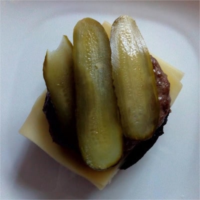 Add sliced gherkins Flat Mushrooms Beef Burger