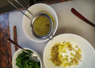 Strain garlic oil into another small bowl Grilled Eggplant with Soured Cream