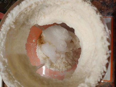 Blend in coconut oil and a pinch of salt Homemade Raffaello Coconut Balls