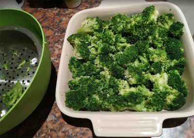 Loaded Broccoli Casserole Defrost the broccoli florets (if frozen) Add 1/3 cup of water and microwave for 3 minutes