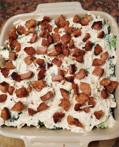 Top with 1/2 of the bacon cuts Loaded Broccoli Casserole