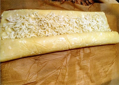 Roll the the dough into a large roll Mozzarella Swirls
