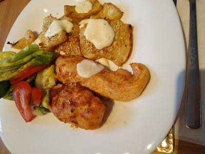 Chicken and salad with Roasted Celeriac with Soured Cream and Sesame Seeds