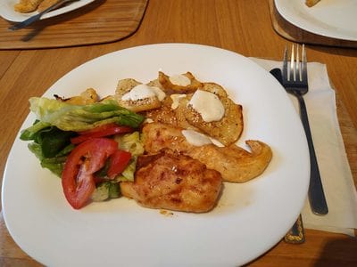 Chicken and salad with Roasted Celeriac with Soured Cream and Sesame Seeds