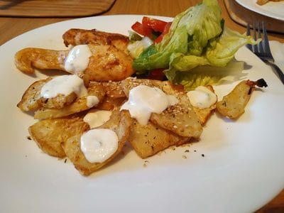 Chicken and salad with Roasted Celeriac with Soured Cream and Sesame Seeds