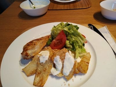 Chicken and salad with Roasted Celeriac with Soured Cream and Sesame Seeds