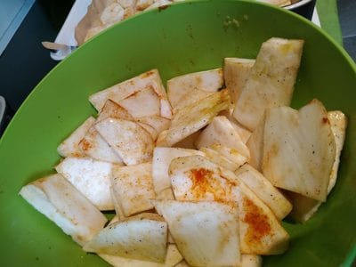 Sprinkle with smoked paprika & salt Roasted Celeriac with Soured Cream and Sesame Seeds