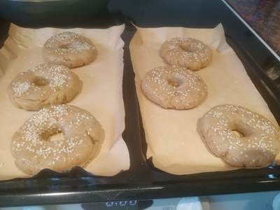 Arrange on a tray and brush with coconut oil and sprinkle with sesame Sesame Bagels