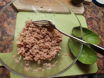 Shred the Tuna chunks with a fork Avocado with Stuffed Tuna
