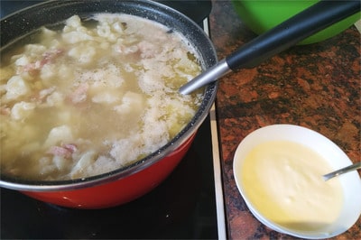 In a small bowl, add one egg yolk, 3 tablespoons cream fraiche and 4 tablespoons of cider vinegar Cauliflower Florets Soured Soup