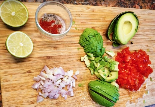 Peel and dice two avocados and mash together with salt, pepper, cayenne, cumin and lime juice Classic Guacamole Salad