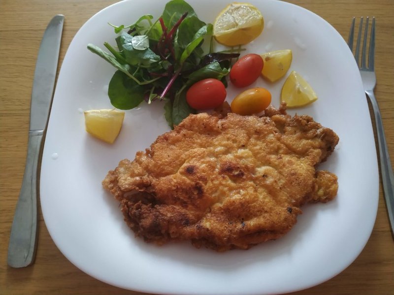 German Pork Schnitzel with Coleslaw and veggies