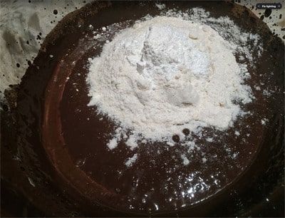 Mix the coconut flour with the baking powder and add it to the chocolate cream mixture Kids’ Favourite Chocolate Cake