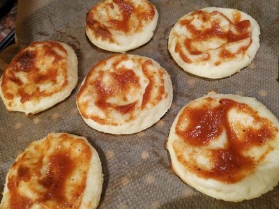 Mini Fathead Chorizo & Mushrooms Pizzas Spread some tomato sauce