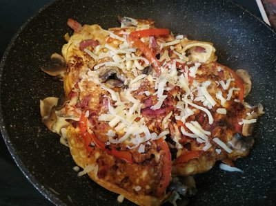 Pancetta, Mushrooms & Red Pepper Omelette Fry the whole lot on medium heat