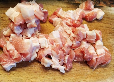 cut them in half inch pieces Pork Belly Bites