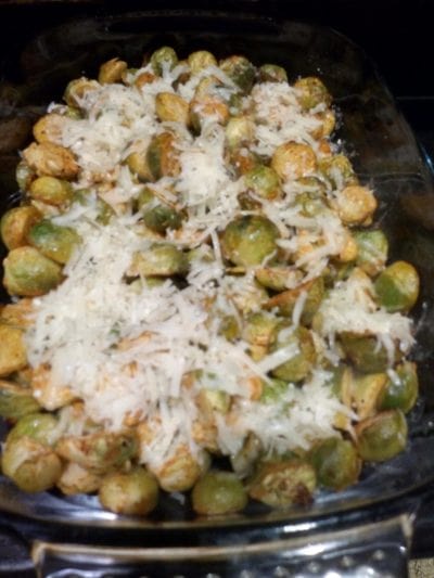 After 20 minutes turn them up and sprinkle grated Parmesan cheese. cook for another 10 minutes Roasted Parmesan Brussels Sprouts