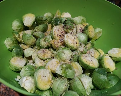 Season them with the olive oil and spices Roasted Parmesan Brussels Sprouts
