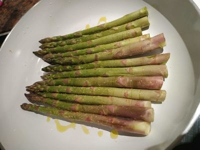 Add them into a heated large fry pan Sprinkle them with oil Cognac Chestnut Mushrooms on Floating Zucchini with Asparagus