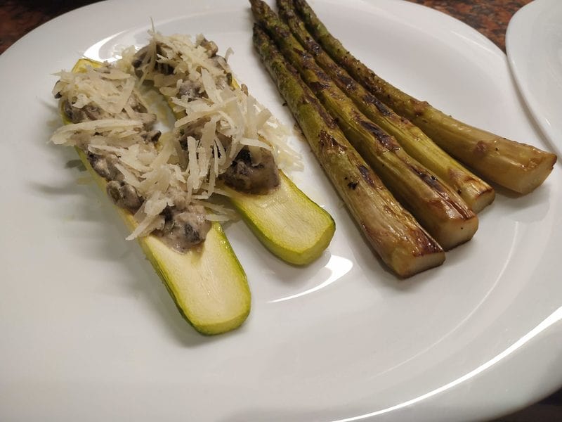 Cognac Chestnut Mushrooms on Floating Zucchini with Asparagus